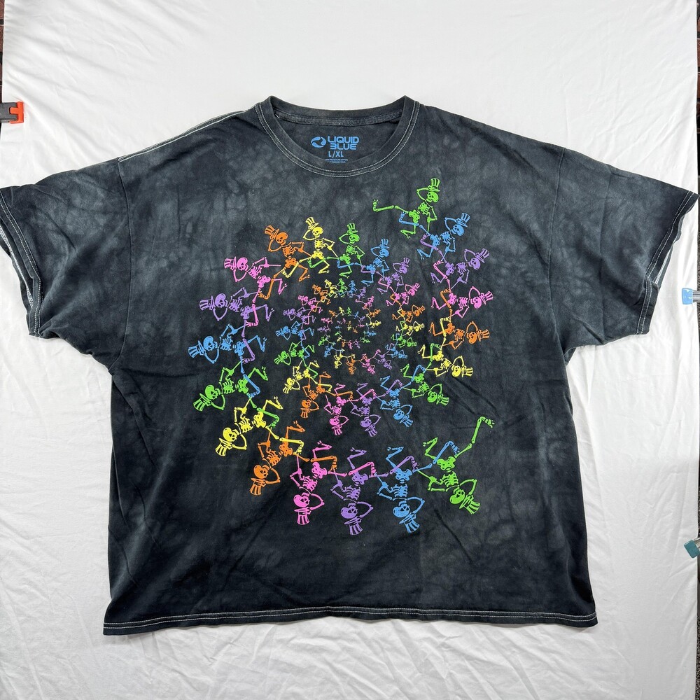 Liquid Blue Shirt Mens L XL Black Tie Dye Rainbow Skeleton Spiral Graphic Tee